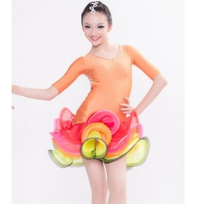 Orange rainbow colored girls kids children high quality handmade short sleeves rhinestones competition performance latin ballroom dance dresses 